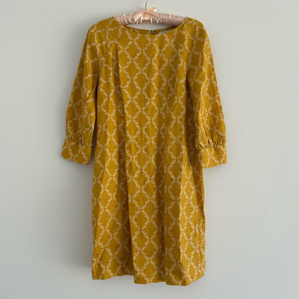 BODEN MUSTARD PINEAPPLE PRINT KATE LINEN DRESS 3/4 PUFF SLEEVES SIZE 8
